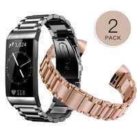 Shangpule Compatible for Fitbit Charge 3 & Charge3 SE Bands(2 Pack), Stainless Steel Metal Replacement Accessories Women Man Large Small (Black + Rose Gold)