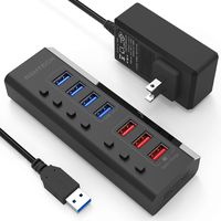 RSHTECH Powered USB Hub 7 Ports USB 3.0 Hub with 4 High Speed Data Transfer Ports + 3 Fast Charging Ports and Individual On/Off Switches(A37-Black)