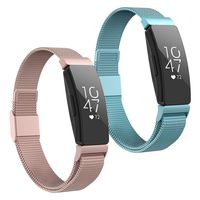 POY Compatible with Fitbit Inspire Hr Bands, Stainless Steel Replacement for Fitbit Inspire and Ace 2 Metal Loop Bracelet Sweatproof Wristbands for Women Men 2 Packs Rosepink SkyBlue Small