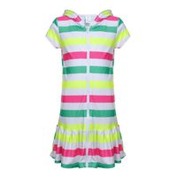 DAYU Girls Terry Ruffle Hem Swim Cover Ups Hooded Zip Front Short Sleeve Swimsuit Coverups, Stripes, 6-6X
