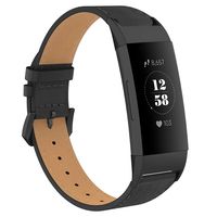 GAISHI Band Compatible with Fitbit Charge 3/Charge 3 SE, Premium Leather Wristband Strap with Metal Adaptor for Women Men, Black+Black Adaptor