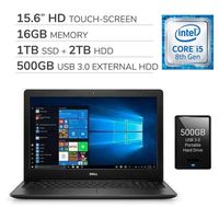 Dell Inspiron 2020 15.6" HD Touch-Screen Laptop Computer, 4-Core Intel i5-8265U 1.60 GHz, 16GB RAM, 1TB SSD, 2TB HDD, No DVD, Webcam, Bluetooth, Wi-Fi, HDMI, Windows 10 S, 500GB USB 3.0 External HDD