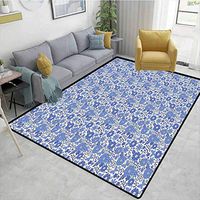 Bigdatastore Dutch Novelty Girls Bedroom Rug, Delft Style Flowers in Doodle Style Abstract Petals Leaves Butterflies, Fashionable High Class Living Bedroom Rugs(2.5'x 9')