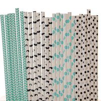 Mustache Paper Straw Mix, Little Man - Aqua Blue, Black, White - Polka Dot, Chevron, Mustache (25)
