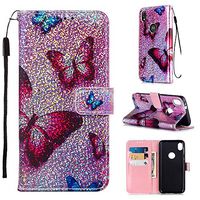 Cfrau Sequins Wallet Case for Motorola Moto E6,Fashion 3D Bling Glitters Pink Butterfly Print Magnetic PU Leather Flip Folio Stand Soft TPU Strap Case with Black Stylus