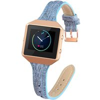 YiJYi Slim Woven Leather Bands Compatible with Fitbit Blaze,Chic Canvas Fabric Band Plus Soft Leather Lining Replacement Strap Wristband (Light Blue/Rose Gold Frame)