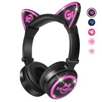 MindKoo Wireless Headphones Bluetooth LED Light Up Cat Ear Over Ear/On Ear Safe Foldable Headset Stero with Microphone for iPhone/iPad/Smartphones/Laptop/PC/TV Kids Teenager Boys Girls Adults