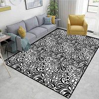 Black and White High Traffic Area Rug Kids, Western Scroll Pattern Design with Classical Cheery Flourishing Blossoms, Fashionable High Class Living Dinning Room(6'x 9')