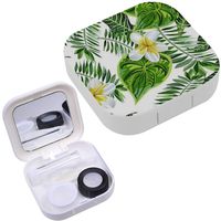 Portable Contact Lens Case Box Travel Kit Mirror + Bottle + Tweezers Container Holder [ Tropical Leaves Flowers ]