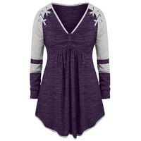 RUIVE Women's Plus Size Pullover V-Neck Patchwork Pleated Sweatshirt Grommet Ribbons Color Casual Tops Blouse Purple