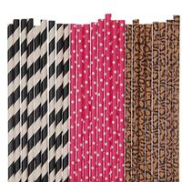 Cheetah Pink and Black Paper Straws Mix - Polka Dot, Striped and Cheetah (50)