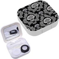 Portable Contact Lens Case Box Travel Kit Mirror + Bottle + Tweezers Container Holder [ Damask Monochrome ]