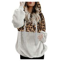 Tsmile Women Leopard Print Sweatshirt Fuzzy Color Block Patchwork Long Sleeve Hooded Sherpa Pullover Tops Jacket