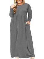 Nemidor Women Long Sleeve Loose Plain Casual Plus Size Long Maxi Dress with Pockets (Grey+Sleeve, 16W)