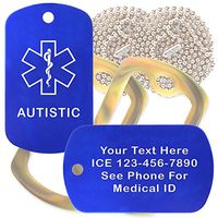 Custom 2 Pack - Autistic Medical Alert ID Necklaces with Blue Custom Tags, Camo Forest Silencers, and 30'' USA Chains