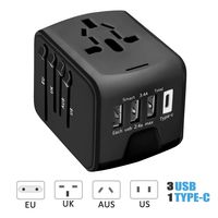 Travel Adapter, HAOZI Universal Travel Adapter - 3 USB + 1 Type C in One Travel Charger with UK/US/AUS/EU Plugs and Socket, International Power Adapter Wall Charger (Black)