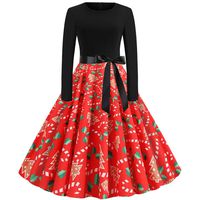 iNoDoZ Women's Crew Neck Festival Dresses Print Vintage Long Sleeve Christmas 1950s Housewife Evening Party Prom Dress Red