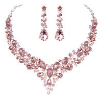 Youfir Bridal Austrian Crystal Necklace and Earrings Jewelry Set Gifts fit with Wedding Dress (Pink)