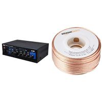 Home Audio Power Amplifier System - 2X120W Mini Dual Channel Mixer Sound Stereo Receiver Box w/ RCA, AUX, Mic Input - Pyle PTA4 & AmazonBasics SW100ft  16-Gauge Speaker Wire - 100 Feet
