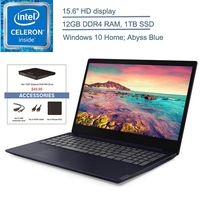 2019 Lenovo IdeaPad S145 15.6" Laptop Computer, Intel Celeron 4205U 1.8GHz, 12GB DDR4 RAM, 1TB SSD, Bluetooth 4.1, USB 3.1, HDMI, Abyss Blue, Windows 10 Home + EST External DVD+ Accessories