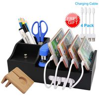 Black Bamboo Charging Station for Multiple Devices, Docking Organizer Holder for Cell Phone，Tablet and Watch(Include Watch Stand), Desktop Wood Storage Box, (Without USB Charger) - Pezin & Hulin