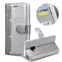 Glitter Stitching Drill Leather Case for Samsung Galaxy S9,Flip Wallet Case for Samsung Galaxy S9,Moiky Luxury Silver Shiny Diamond Magnetic Flash Holster PU Leather Shockproof Folio Protective Case
