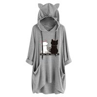 Sunhusing Womens Cute Lazy Lying Cat Printed Solid Color Long Sleeve Sweatshirt Cat Ear Hooded Pocket Tunic Tops(6 Gray,XL)
