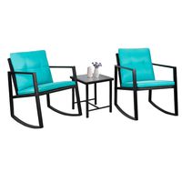 Flamaker 3 Pieces Patio Furniture Set Rocking Wicker Bistro Sets Modern Outdoor Rocking Chair Furniture Sets Cushioned PE Rattan Chairs Conversation Sets with Coffee Table (Blue)