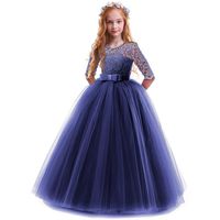 IBTOM CASTLE Spring Flower Girl Wedding Bridesmaid 3/4 Sleeves Kids Floral Lace Pageant Communion Princess Dress Prom Evening Dance Gown Navy Blue 7-8 Years