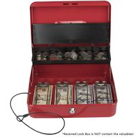 Kyodoled Locking Security Cable Cash Box with Lid Coin Tray, Metal Money Lock Box, Safe Cash Register,5 Compartments Cantilever Tray & 4 Spring-Loaded Clips for Bills,11.81"x 9.45"x 3.54", Red Large