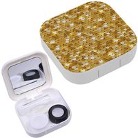 Portable Contact Lens Case Box Travel Kit Mirror + Bottle + Tweezers Container Holder [ Sequined Golden Fabric ]