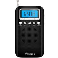 Digital AM FM Portable Pocket Radio with Alarm Clock- Best Reception and Longest Lasting. AM FM Compact Radio Player Operated by 2 AAA Battery, Stereo Headphone Socket (Black), by Vondior