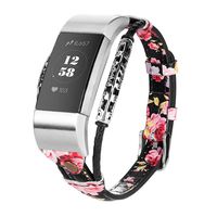 Wearlizer Genuine Slim Leather Bands Compatible with Fitbit Charge 2, Classic Adjustable Replacement Strap Wristband Metal Connectors, Women Man Small Large(Floral-Black Pink)