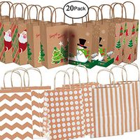Christmas Kraft Gift Bags Xmas Kraft Paper Bags with Christmas Prints for Holiday Paper Gift Bags Christmas Goody Bags Handles, 20 Pack