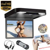 13.3inch 1080P Video Roof Mounted Overhead Monitor Built in DVD Player Flip Down Monitor for Car USB SD HDMI Input, AV Input/Output,FM&IR Transmitter 2pcs IR Headphone Included (Black)