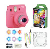 Fujifilm Instax Mini 9 Instant Camera (Flamingo Pink) + 10 Fuji Instant Rainbow Film Sheets + Convenient Instax Clear Case W/ Rainbow Strap + 6-Color Lenses & More