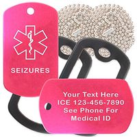 Custom 2 Pack - Seizures Medical Alert ID Necklaces with Pink Hot Custom Tags, Black Silencers, and 30'' USA Chains