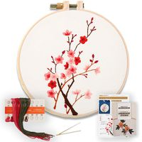 Akacraft DIY Embroidery Starter Kit, Cotton Fibric with Stamped Pattern, 6 inch Plastic Embroidery Hoop, Color Threads, and Needles, Chinese Traditional Flowers Series-Plum Blossom