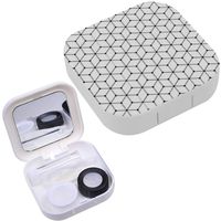 Portable Contact Lens Case Box Travel Kit Mirror + Bottle + Tweezers Container Holder [ Geometric Grid ]