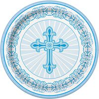 Radiant Cross Blue Religious Dessert Plates, 8ct