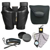 Nikon Travelite 10x25 Compact Binoculars (7278), Black Bundle with Nikon Microfiber Cleaning Cloth and Lumintrail Keychain Light