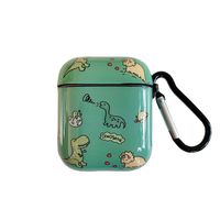 ICI-Rencontrer Fashion Bright Dinosaur Family Pattern Anti-Scratch Shockproof Waterproof Wireless Headphone Protective Case,Glossy Hard Plastic Portable AirPods Case With Hook For Airpods 1 & 2 Green