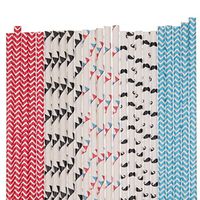 Mustache Paper Straw Mix - Red, Blue, Black - Mustache, Chevron, Pennant Banners (100)