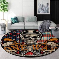 RUGSMAT Skull Modern Machine Washable Round Bath Mat,Vintage Motorcyclist Skull with an American Flag Patriotic Illustration Print Non-Slip Soft Floor Mat Home Decor,Round-55 Inch Beige and Black