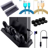 TFSeven Vertical Stand with Cooling Fan for PS4/ PS4 Slim/ PS4 Pro DualShock 4 Controllers Charging Station with Dual Charger Ports and USB HUB Rubber Thumb Cover Accessories Kits