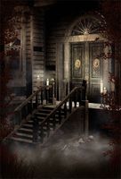 Laeacco Vinyl 5x7FT Photography Background Old Victorian House Spooky Night Candles Ornamented Door Scary Skulls Stone Stairway Halloween Western Retro Architecture Building Style Steampunk Background