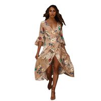 Hemlock Wrap Dress Hawaii Sundress Long Maxi Dress Women V Neck Floral Boho Dress (M, Khaki)