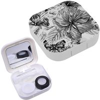Portable Contact Lens Case Box Travel Kit Mirror + Bottle + Tweezers Container Holder [ Black White Watercolor Vintage Tropical ]