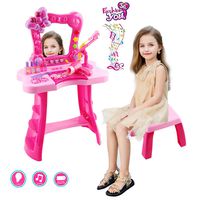 shamoluotuo 2-in-1 Vanity Set Girls Toy Makeup Accessories w/ Hi-fi Microphone, Big Mirror, Cosmetics, Hair Dryer Pretend Kids Play Toy Fantasy Beauty Dresser Table Play Set Best Gift for Girls (Red)