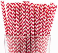 Pack of 150 Red Chevron Biodegradable 4-Ply Paper Drinking Straws (Compostable, Non-toxic, BPA-free)